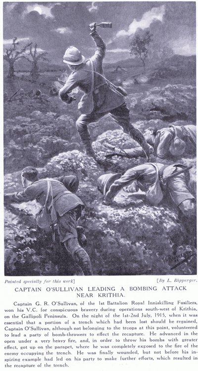 1915年7月、ガリポリ半島のクリチア近郊で爆撃を仕掛けたオサリバン船長がVCで勝利 作： H. Ripperger